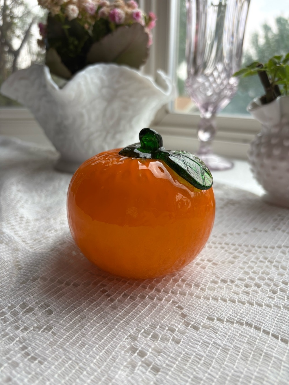 Handblown Glass Orange with Green Leaf Accent